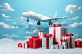 Plane, gift boxes, Holidays Gift concept Christmas, Valentines day