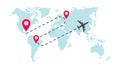 Plane global world map flight way path trace with arrival pin pointer markers or track airplane worldwide route