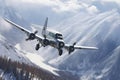 the plane hangs over mountains with snow Royalty Free Stock Photo