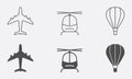 Plane, Helicopter, Hot Air Balloon Line and Silhouette Icon Set. Air Transport Pictogram. Jet Cargo Shipping Symbol