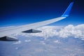 Plane horizon aerial view. Airplane wing sky view Royalty Free Stock Photo