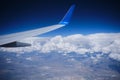 Plane horizon aerial view atmosphere edge. Airplane wing sky view Royalty Free Stock Photo