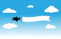 Plane with horizontal banners on blue sky background. Flying advertising banner. Flying advertising banner. flat style Royalty Free Stock Photo