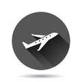 Plane icon in flat style. Airplane vector illustration on black round background with long shadow effect. Flight airliner circle Royalty Free Stock Photo