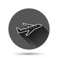 Plane icon in flat style. Airplane vector illustration on black round background with long shadow effect. Flight airliner circle Royalty Free Stock Photo