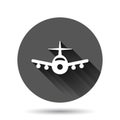 Plane icon in flat style. Airplane vector illustration on black round background with long shadow effect. Flight airliner circle Royalty Free Stock Photo