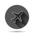 Plane icon in flat style. Airplane vector illustration on black round background with long shadow effect. Flight airliner circle Royalty Free Stock Photo