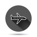 Plane icon in flat style. Airplane vector illustration on black round background with long shadow effect. Flight airliner circle Royalty Free Stock Photo