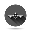 Plane icon in flat style. Airplane vector illustration on black round background with long shadow effect. Flight airliner circle Royalty Free Stock Photo