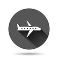 Plane icon in flat style. Airplane vector illustration on black round background with long shadow effect. Flight airliner circle Royalty Free Stock Photo