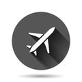 Plane icon in flat style. Airplane vector illustration on black round background with long shadow effect. Flight airliner circle Royalty Free Stock Photo