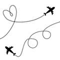 Plane icon set. Two airplane flying. Dash line heart round loop in the sky. Black silhouette shape. Travel trace. Happy Valentines Royalty Free Stock Photo