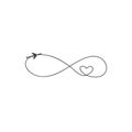 Plane and its track as a sign of infinity and heart on white background. Vector illustration. Aircraft flight path and