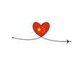 Plane and its track in the shape of a heart and China flag on white background. Vector illustration. Aircraft flight