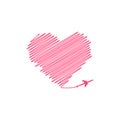 Plane and its track in the shape of a heart on white background. Vector illustration. Aircraft flight path and its route Royalty Free Stock Photo