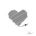 Plane and its track in the shape of a heart on white background. Vector illustration. Aircraft flight path and its route Royalty Free Stock Photo