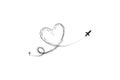 Plane and its track in the shape of a heart on white background. Vector illustration. Aircraft flight path and its route