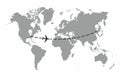 The plane and its track on the world map. Travel to World. Hand drawn plane and its track on the world map. The airplane is in a d