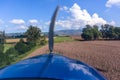 Plane Pilot View Landing Approach Grass Runway Royalty Free Stock Photo