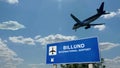 Plane landing in Billund Denmark airport with signboard