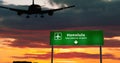 Plane landing in Honolulu Hawaii, USA airport with signboard Royalty Free Stock Photo