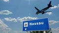 Plane landing in Nassau Bahamas airport with signboard