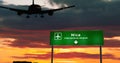 Plane landing in Nice France airport with signboard Royalty Free Stock Photo