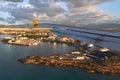 Plane landing over Palma de Mallorca resort city. Spain