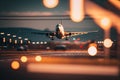 plane landing, runway in night lights Generative AI Royalty Free Stock Photo