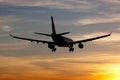 Plane landing in sunrise Royalty Free Stock Photo