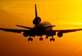 Plane landing in sunrise Royalty Free Stock Photo