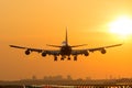 Plane is landing during sunrise. Royalty Free Stock Photo