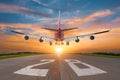 The plane lands on the runway during dawn, rear view from the end of the runway