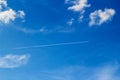 Plane leaving white lines against the blue sky.