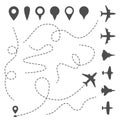 Plane line path. Airplane directional pathway, map dotted trail and fly direction. Aircrafts and pins vector symbols Royalty Free Stock Photo