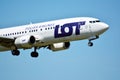 Plane LOT - Polish Airlines Boeing 737 just before landing at the Chopin airport. Royalty Free Stock Photo