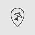 Plane in map pointer icon. Airplane location.