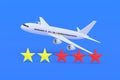 Plane near two yellow and three red stars on blue Royalty Free Stock Photo