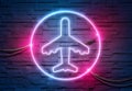 Plane neon icon illuminating a brick wall with blue and pink glowing light 3D rendering