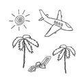 Plane, palm trees, sun, deck chair hand drawn in doodle style. travel concept, set of elements, flight, summer, heat. Template for Royalty Free Stock Photo