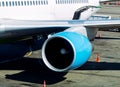 The plane is preparing to fly at the airport. Aircraft engine close-up Royalty Free Stock Photo