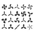 Plane propellers set - fan, rotor mover, aircraft propeller icons, wind fan rotating prop, airscrew Royalty Free Stock Photo