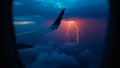 The plane on the right comes into contact with a thundercloud and lightning during a night forced flight Royalty Free Stock Photo