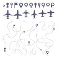 Plane route line. Planes dotted line trail directions, flight pathway direction map builder and airplane icons vector
