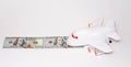 The plane on the runway from dollar bills. Airplane and dollars on a white background. Passenger airplane model on dollars and Royalty Free Stock Photo