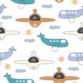 Plane seamless pattern for kids with cute drawing. Ideal for cards, invitations, baby shower, party, kindergarten, children Royalty Free Stock Photo