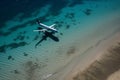 Plane shadow on oceanic shore. Generative AI