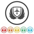 Plane with shield and wings ring icon, color set Royalty Free Stock Photo
