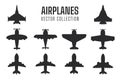 Plane silhouette set Simple fighter plane airliner silhouette vector design isolated from background