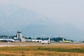 A plane of skyteam on a takeoff strip at the airport